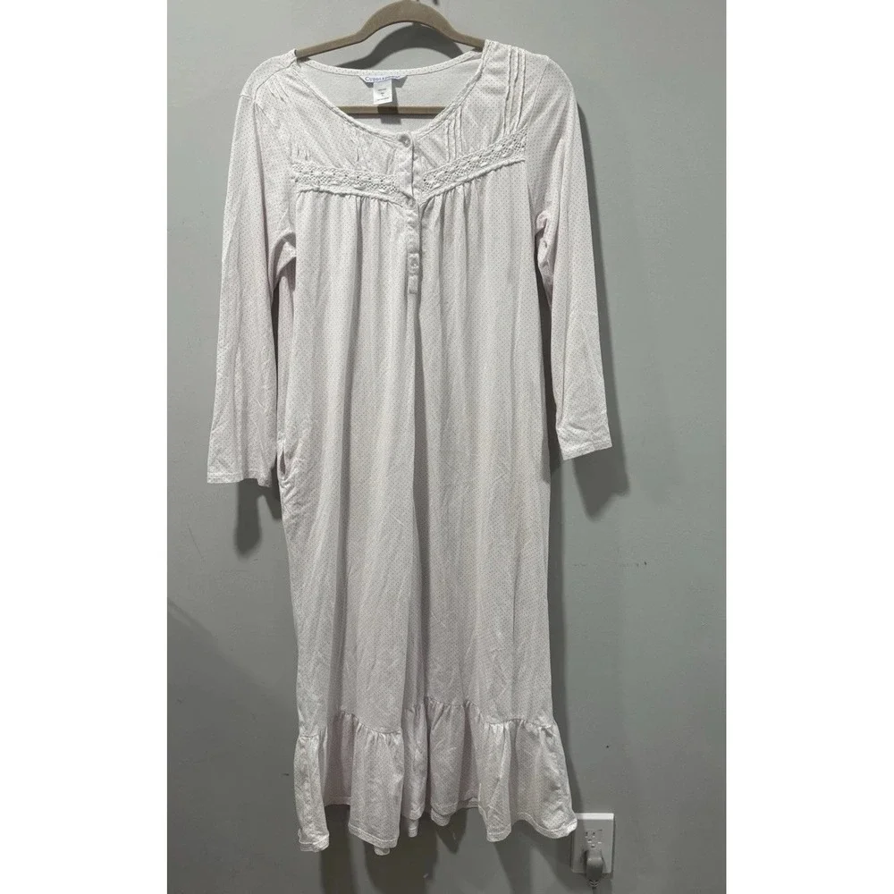 Cuddledown Nightgown Womens S Polka Dot Embroidered Pink White Long Sleeves Pima
